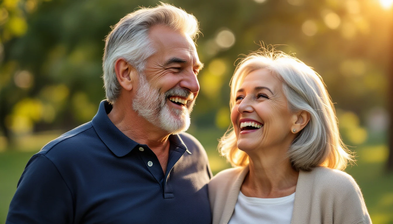 Older couple smiling together in park